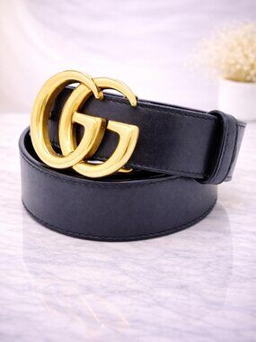 Authentic Gucci GG Marmont Belt Black Leather Gold Double G Buckle Luxury Deal